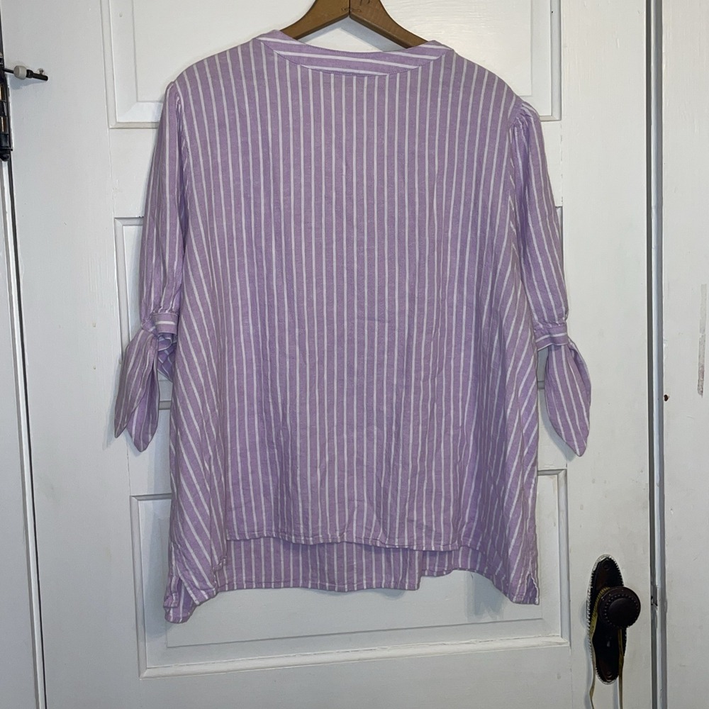 Casual Loose Fitting Lavender Stripe Summer Shirt Beach Linen Blend - Picture 4 of 4